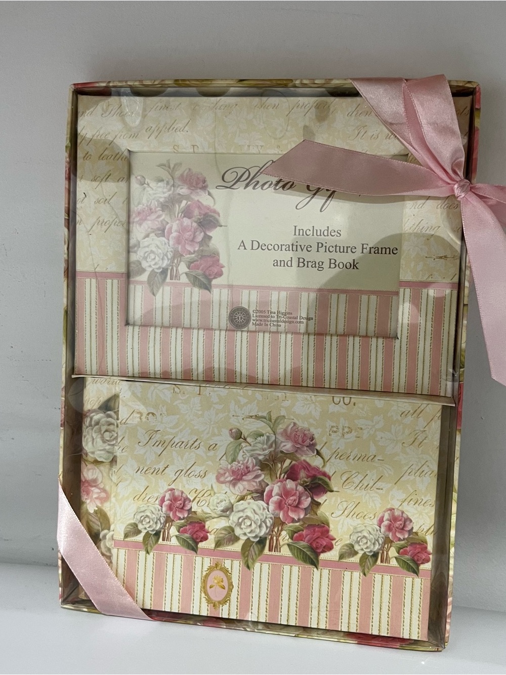 Vintage Tina Higgins Pink Rose Picture Frame & Brag Book Gift Set- New